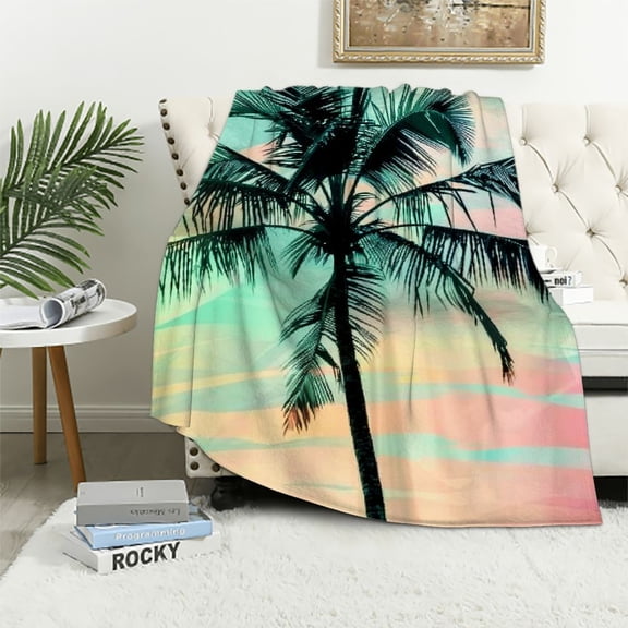 JRXY  Palm Tree Print Sherpa Blanket Hawaiian Tropical Island Throw Blanket Botanical Branches Plush Fuzzy Blanket for Sofa Bed Couch White