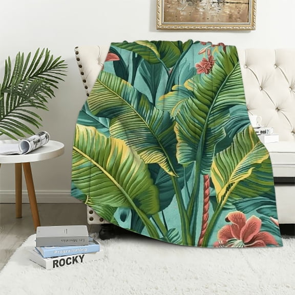 JRXY Paml Tree Blanket Tropical Bedding Green and Gold Palm Leaf Soft Flannel Throw Blanket Lightweight Plush Throw Fuzzy Blanket for Bed Sofa White