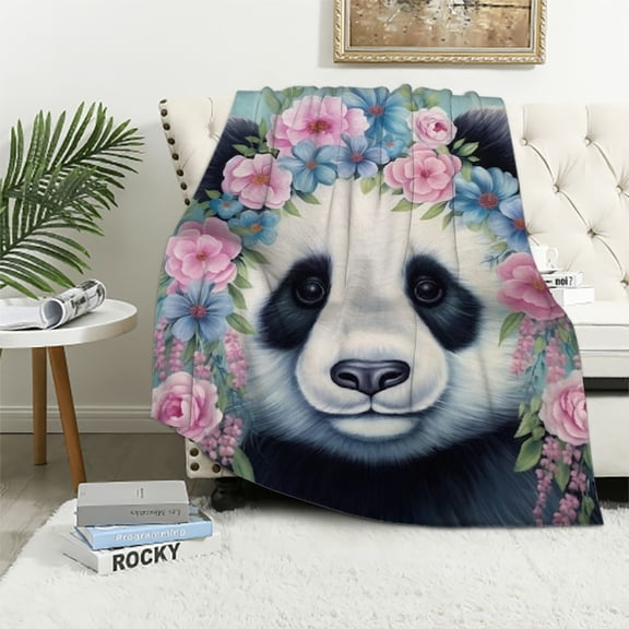 JRXY  Panda Blanket 350gsm Super Soft Animal with Flowers Plush Flannel Bear Blanket for Women Men and Kids Gift  White