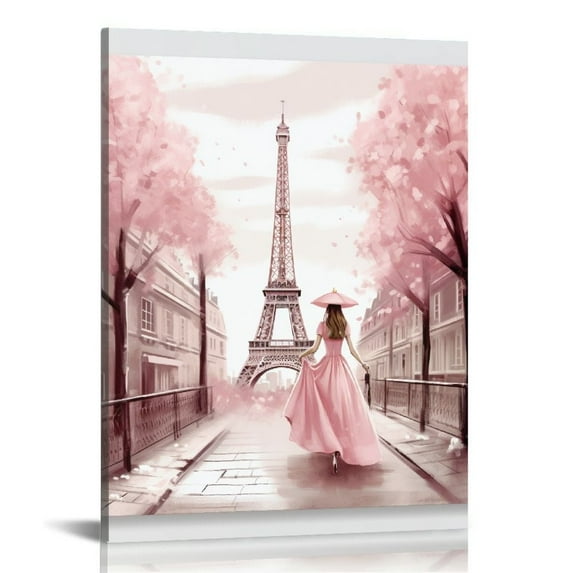 JRXY Paris Eiffel Tower Canvas Wall Decor Pink London Street View Painting Big Ben Tower Pictures Posters Modern Building Artwork for Home Office 16x20 in