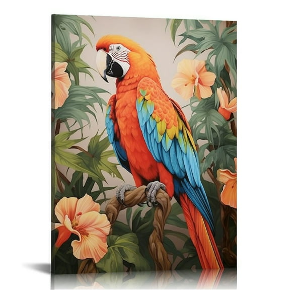 JRXY Parrot Canvas Wall Art Colorful Parrot on Branch Painting Pictures Tropical Rain Forest Birds Print Artwork Decor Frame 12x16 in