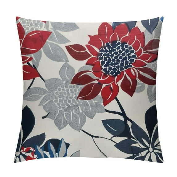JRXY Patriotic Red Navy Blue Dahlia Floral Outdoor Decorative Throw Pillows Farmhouse Geometry Flower Pillowcase Square Cushion Cover for Home Sofa White