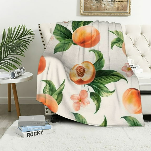JRXY Peach Sherpa Blanket Sweet Peach Throw Blanket for Kids Boys Girls Peach Pattern Plush Blanket Fresh Fruit Fuzzy Blanket for Sofa Bed Couch,Throw White