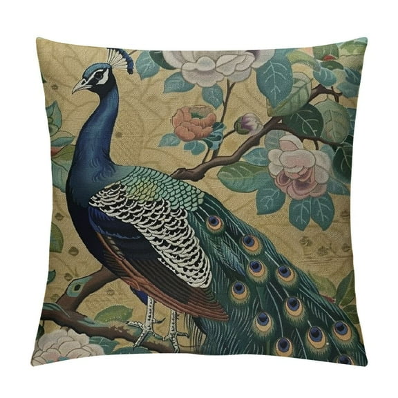 JRXY  Peacock and Peonies Throw Pillow Cases in Chinoiserie Style on Golden Background Rectangular Throw Pillow Covers for Couch Sofa Home Decor Cushion Cover White