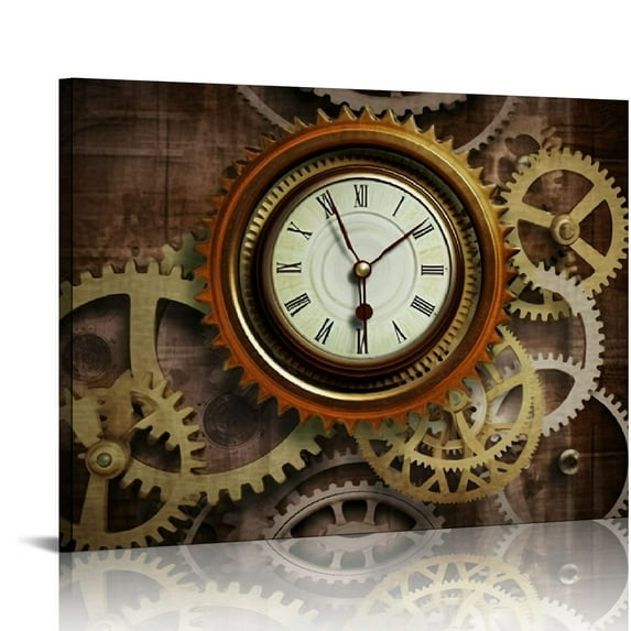 JRXY Picture Canvas Wall Art Prints Gear Wall Clock Punk Design Home Decor Painting Artworks Ready to Hang for Living Room Bedroom Bathroom Retro Steampunk Brown 16x12in