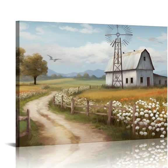 JRXY Pictures of Barns Prints Wall Canvas - Old Rustic Bedroom Windmill Wall Decor Farmhouse Art Blue Sky & White Floral Retro Paintings 16x12