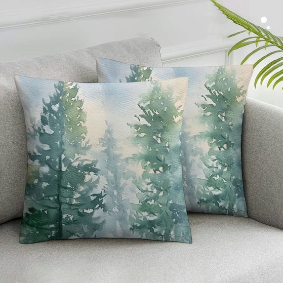 JRXY Pine Tree Throw Pillow Covers Watercolor Blue Green Square Rustic Style Natural Forest Fog Print Decorative Pillowcase Spring Summer Cushion Cover for Home Sofa Bed Outdoor White
