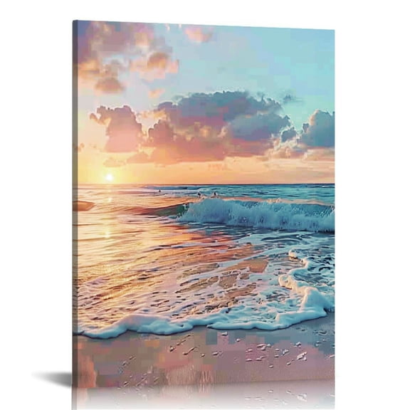 JRXY Pink Beach Canvas Wall Art Coastal Sunset Landscape Pictures Print Modern Seascape Artwork for Home Decoration Stretched and Framed Ready to Hang 12x16 in