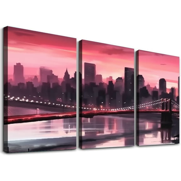 JRXY  Pink Canvas Wall Art, Abstract Wall Art Canvas, Large Size City Picture Canvas Poster Ready to Hang - Large Canvas Wall Art for Living Room 12''x16''X3 Panels 12x16x3pcs