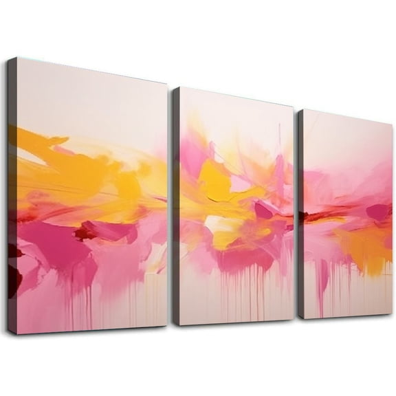 JRXY Pink Canvas Wall Art Pink and Gold Abstract Textured Painting Ready to Hang 12x16 Inches 3 Panels 12x16x3pcs