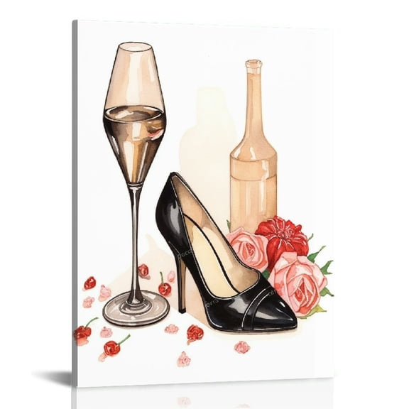 JRXY Pink Fashion Room Decor Girl High Heels Red Wine Glass Wall Art Canvas Prints Framed for Living Room Women Makeup Room Pink Gold Wall Decor 12x16 in