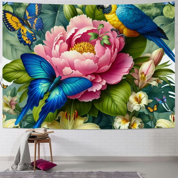 JRXY Pink Flower Picture Parrot Bird Floral with Butterfly Tapestry for Girls Painting