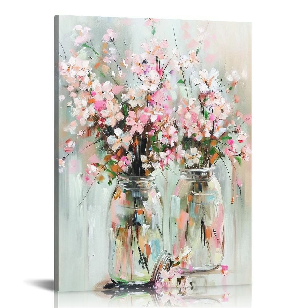 JRXY Pink Flowers Canvas Wall Art: Abstract Bouquet in Vase Artwork ...