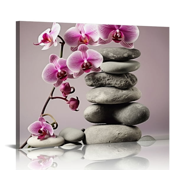 JRXY Pink Orchids and Zen Stones D cor Orchid Canvas Wall Art Flowers Spa Pictures Artwork Zen Wall Art Framed Floral Wall Art Ready to Hang for Bedrooms 20x16in