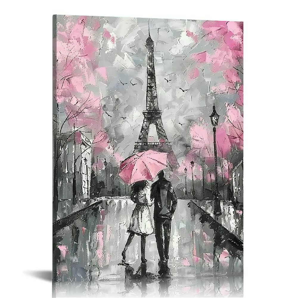 Paris Canvas Wall Art - Eiffel Tower With Bike Painting | 28x42" Romantic Decor For Girls Room