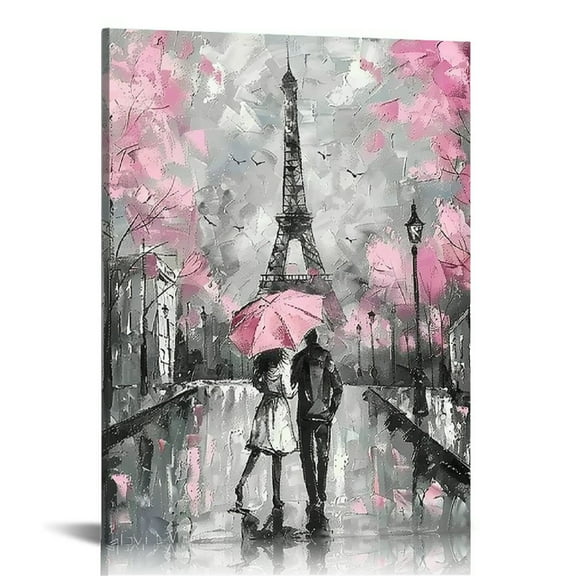JRXY Pink Paris Eiffel Tower Street Scenery Wall Art for Girls Bedroom Decor Lovers Holding Umbrellas Canvas Painting Valentine's Day Theme Room Framed to Hang 12x16 in