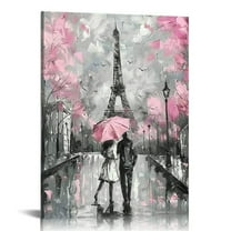 JRXY Pink Paris Eiffel Tower Street Scenery Wall Art for Girls Bedroom Decor Lovers Holding Umbrellas Canvas Painting Valentine's Day Theme Room Framed to Hang 12x16 in