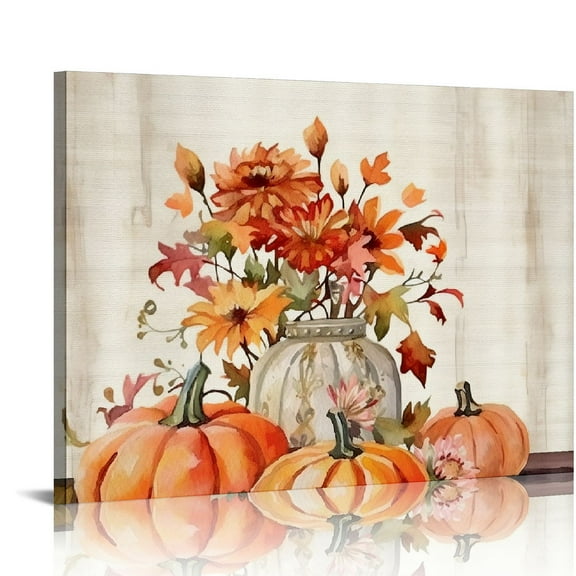 JRXY Pink Pumpkin Canvas Wall Art for Bathroom Living Room Decor Thanksgiving Fall Flowers 20x16in