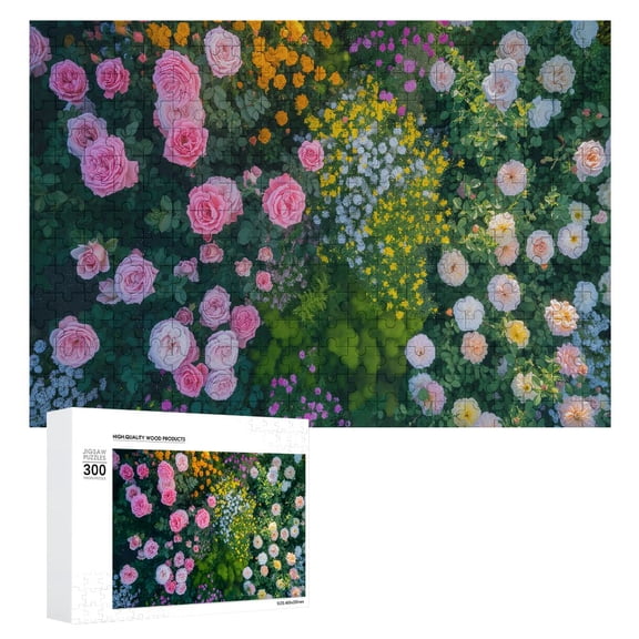 JRXY Pink, White, Yellow, Green Rose Garden and Blue Sky Scenery Wooden Jigsaw Puzzle for Adults 300 PCS