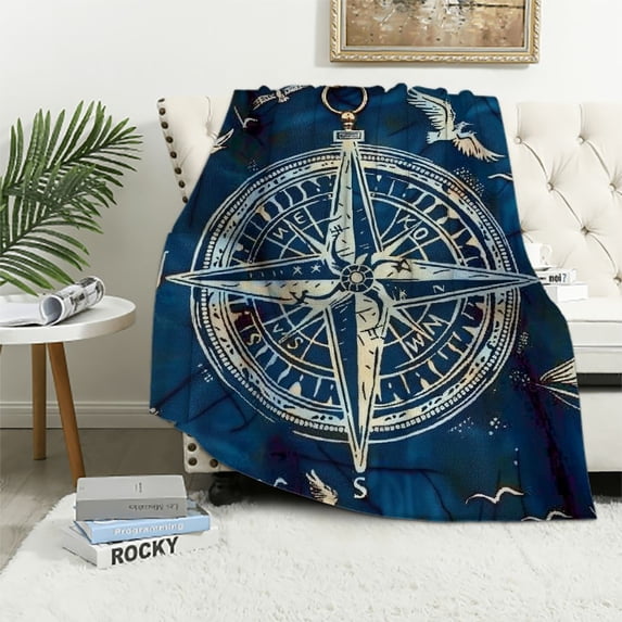 JRXY Pirate Adventures Throw Blanket,Marine and Nautical Elements Old Ships Compass Treasure Islands On Blue Soft Warm Decorative Throw Blanket for Bed Chair Couch Sofa White
