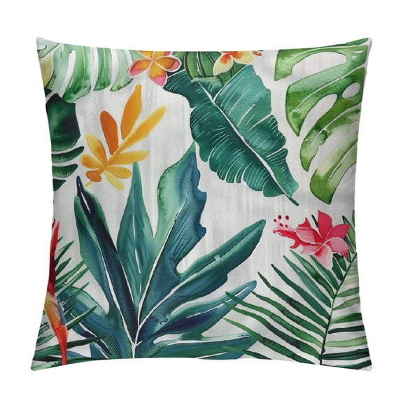 JRXY  Plant Throw Pillow Cushion Cover, Bird of Paradise Palm Leaf and Assorted Exotic Flowers Watercolor, Decorative Square Accent Pillow Case White