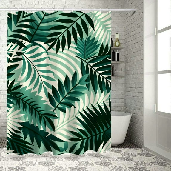 JRXY Plant Watercolor Tropical Palm Leaves Colorful Illustration Natural Feelings Decorative Printed Lime Green Shower Curtain White