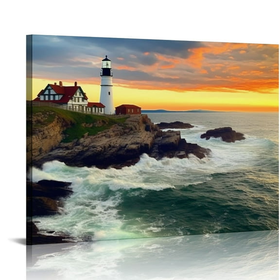 JRXY Portland Head Light Wall Art Sunset Lighthouse Canvas Wall Art for Living Room Ocean Canvas Pictures Seascape Artwork Canvas Prints Home Wall Decor Framed Ready to Hang 20x16 inch 20x16in