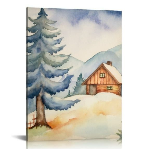 JRXY Poster Bathroom Decor, Wall Art Room Decor Multicolor for Living Room, Bedroom, Office Winter Snow Frosty Pastel Christmas Log Cabin Mountain Forest Nature Wilderness Illustrations 12x16 in