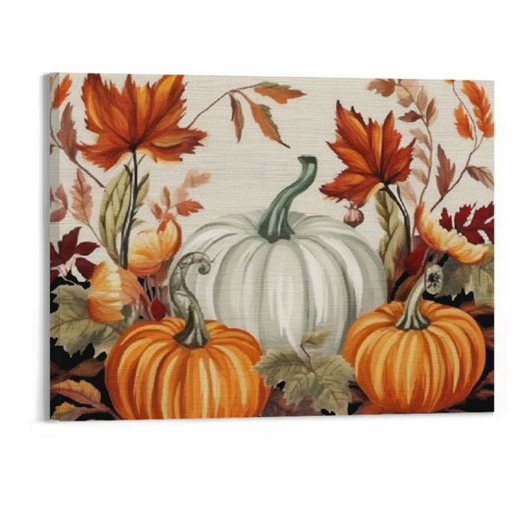 JRXY Printed Canvas Wall Art Autumn Pumpkin Fall Leaves Thanksgiving Oil Painting Stretched and Framed - Farm Floral Retro Linen Picture for Living Room Kitchen Bedroom - 20x16 Inch 20x16in