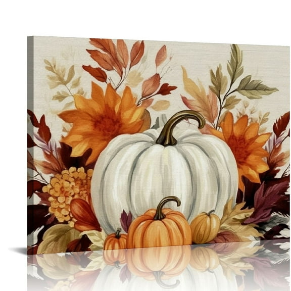 JRXY Printed on Canvas Wall Art Autumn Pumpkin Fall Leaves Thanksgiving Prints Stretched and Framed Farm Floral Retro Linen Picture Artworks for Living Room Kitchen Bedroom 20x16in