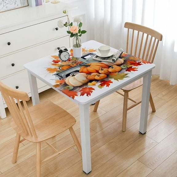 JRXY Pumpkin Fall Leaf Thanksgiving Square Tablecloth 100% Polyester Fiber with Elastic Edge Table Cover 36"*36