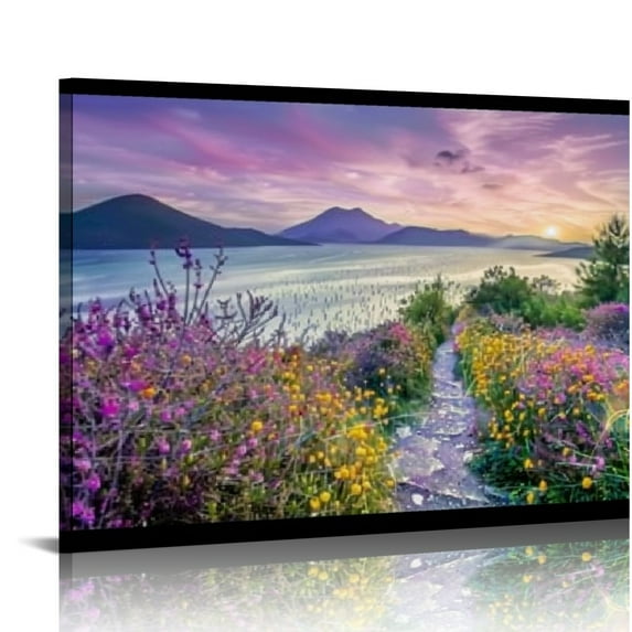 JRXY Purple Mountain Wall Art for Living Room Nature Landscape Picture Canvas Prints Lavender Flower Fuji Scenic Wall Decor Lake Forest National Park Painting Modern Artwork Home Decorations picture 1