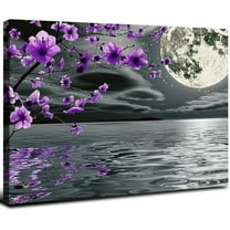 JRXY Purple Wall Art Decor for Living Room Bedroom Framed Black and White Seascape Full Moon Purple Flower Painting Canvas Picture Modern Painted Plum Blossom Artwork for Home Office 20x16inch