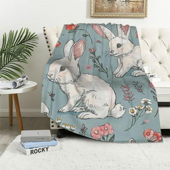 JRXY  Rabbit Blanket Cute Easter Rabbit Carrot Throw Blanket Kawaii Animal Bunny Blue Blanket Spring Flowers Sherpa Blanket White