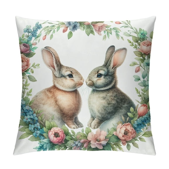 JRXY  Rabbit Throw Pillow Case Watercolor Easter Bunny with Floral Wreath Pillow Cushion Covers Home Sofa Decorative 18x18in
