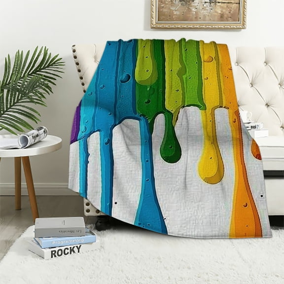 JRXY Rainbow Colored Paint Leaking Splattered Drops Creative Graphic Design Flannel Fleece Blanket White