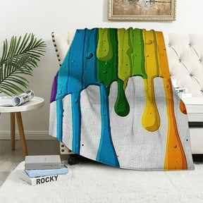 JRXY Rainbow Colored Paint Leaking Splattered Drops Creative Graphic Design Flannel Fleece Blanket White