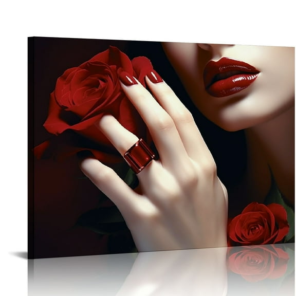 JRXY Red and Black Bathroom Decor Canvas Art Print Sexy Woman Lip Nails and Red Rose Picture Makeup Manicure Poster Artwork for Spa Salon for Wall Decor Fashion Wall Art  pattern1