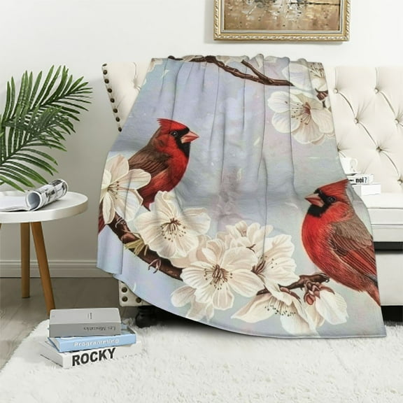 JRXY Red Cardinal Birds and Cherry Flowers Throw Blanket Ultra Soft Warm All Season Decorative Blankets for Bed Chair Car Sofa Couch Bedroom White