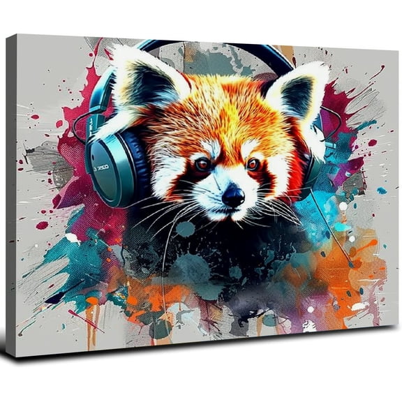 JRXY Red Panda Wearing Headphones Colorful Drawing Original Design Canvas Wall Art Poster Unique Modern Home Decorations Living Room Office Bedroom Decor Gift 16x12inch