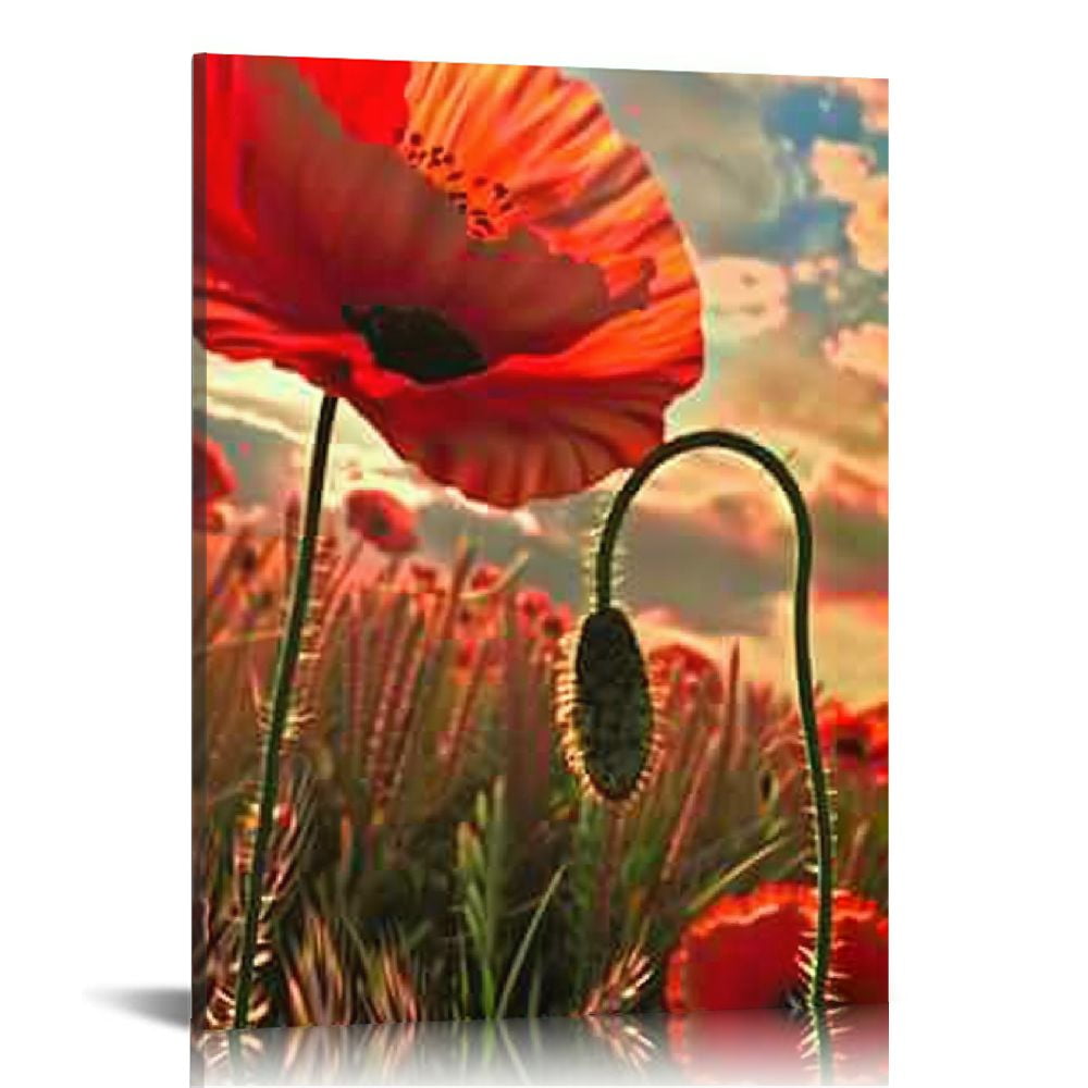 JRXY Red Poppy Flower Wall Art Poppies Flower Field Sunset Landscape ...