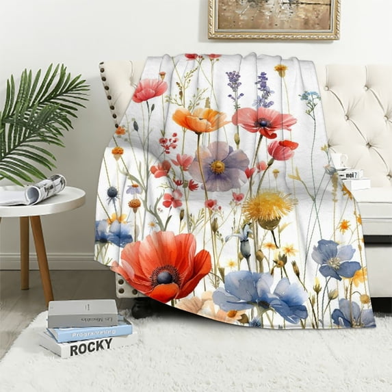 JRXY Red Poppy Garden Flannel Fleece Blanket White