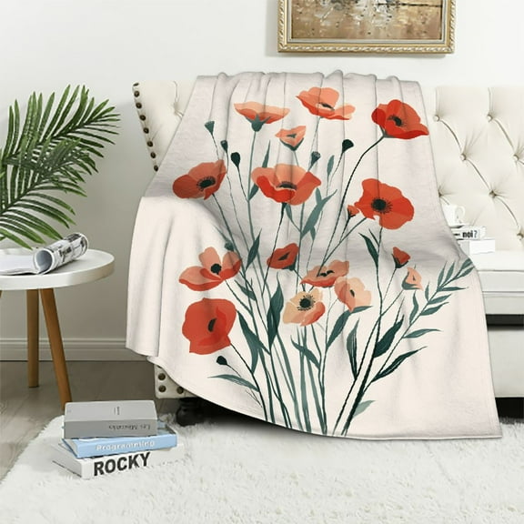 JRXY Red Poppy Garden Flannel Fleece Blanket White