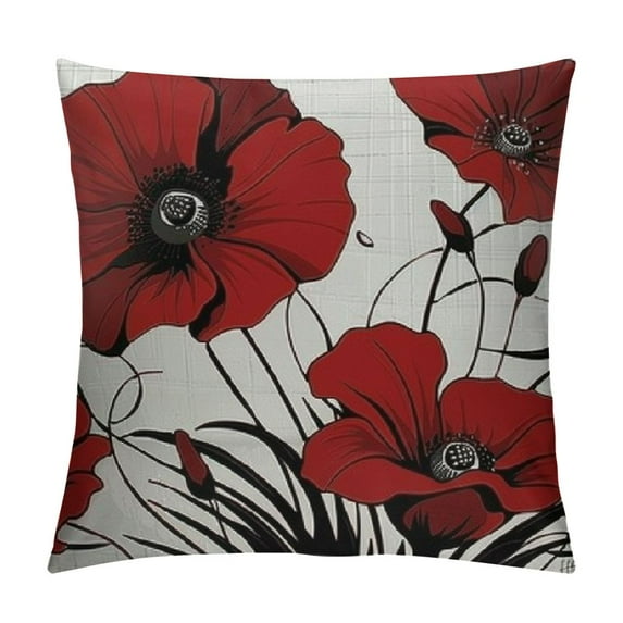 JRXY Red Poppy Throw Pillow Covers for Couch, Pillow Cover Flower, Red Floral Pillowcases Outdoor Decorative Throw Pillow Cases Square Linen Zipper White