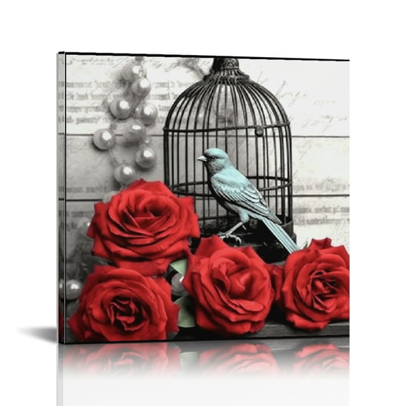 JRXY Red Rose Wall Art for Couples Master Bedroom Red and Black Flower Pictures Bathroom Accessories Canvas Print Romantic Love Floral Poster Living Room Wall Decor Home Decoration 16x16 inch 16x16 in