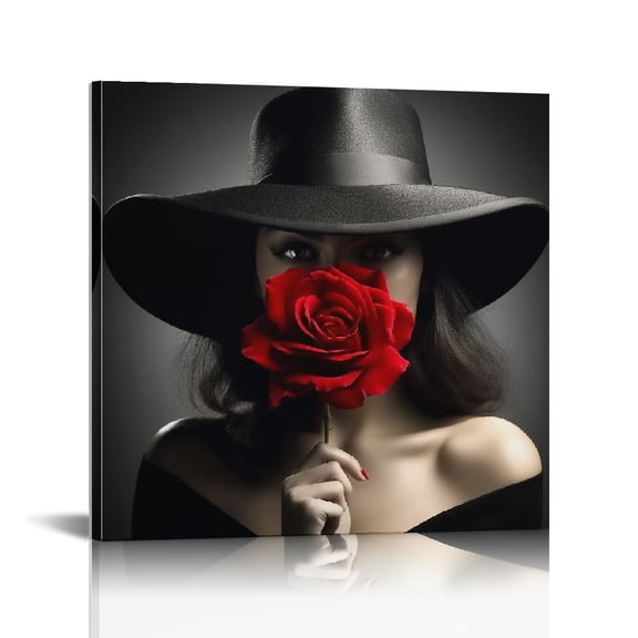 JRXY  Red Rose Wine Glasses Wall Art Canvas Decor 16x16 inch Framed for Bedroom Decor Modern Red and Black Rose Women with Hat Painting Kitchen Pictures Home Decor picture 1