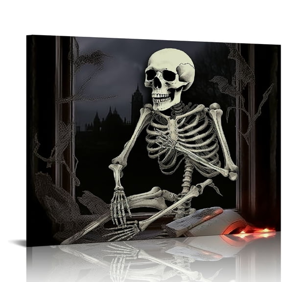 JRXY Retro Gothic Skull Bathroom Decor Wall Art Funny Skeleton Black and White Pictures Modern Goth Home Halloween Dark Style Canvas Prints Painting 20x16in 16x12in
