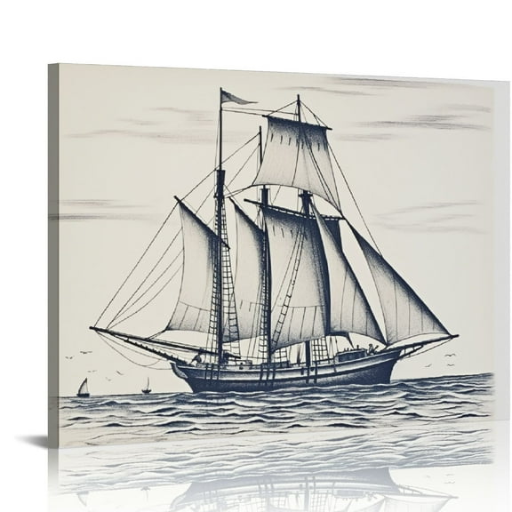 JRXY  Retro Nautical Sailboat Sailing Ship Sketch Canvas Wall Art Prints Artwork Framed 14 x 11 Inch,Vintage Boat Wall Decor for Coastal Beach House Home Bathroom Living Room,Sailor Gift 20x16in