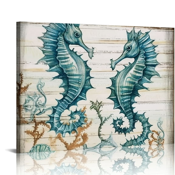 JRXY Retro Ocean Aquatic Animals Decor Wall Art Turtle Picture for Bathroom Gray Nautical Canvas Wood Grain Background Dolphin Seahorse Crab 16x12in