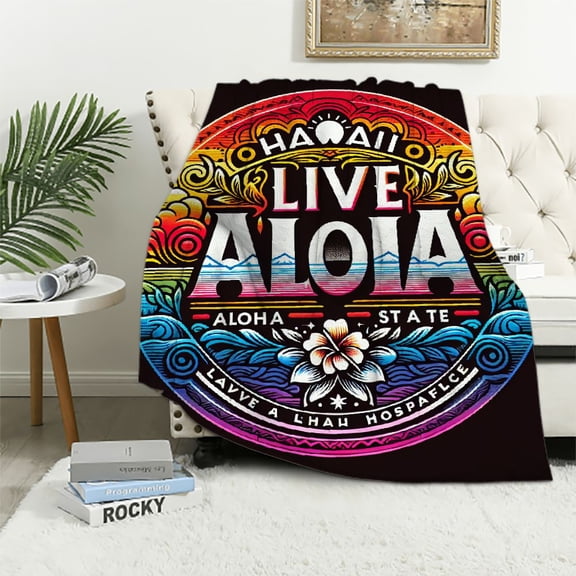 JRXY Retro Rainbow Hawaii Live Aloha State Summer Beach Vacation Flannel Fleece Blanket White